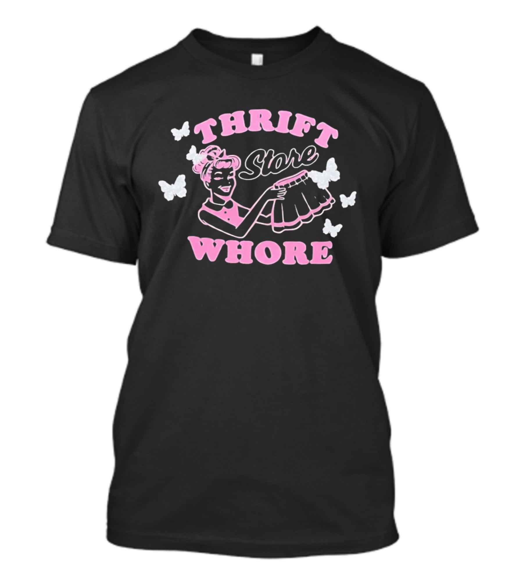 Thrift Store Whore Retro Feminine Fun Pink Butterfly T-Shirt