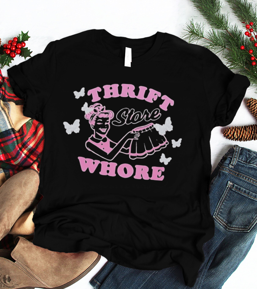 Thrift Store Whore Retro Feminine Fun Pink Butterfly T-Shirt