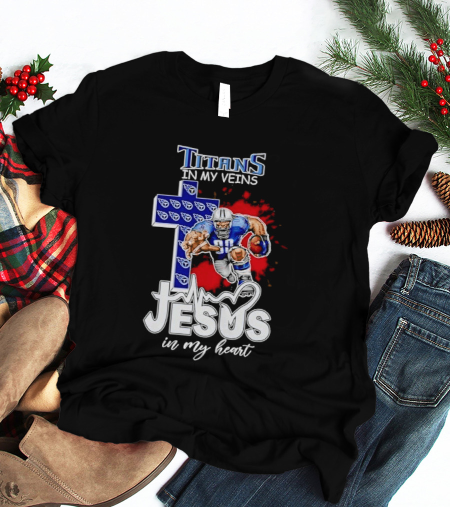 Titans In My Veins Jesus In My Heart Football Player Cross T-Shirt