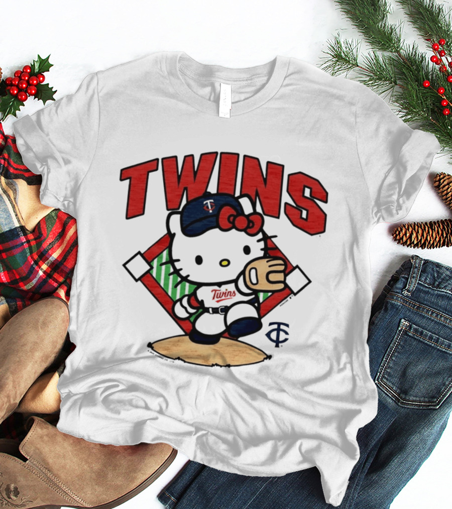 Hello Kitty Twins Baseball Distressed MLB Player Cartoon T-Shirt