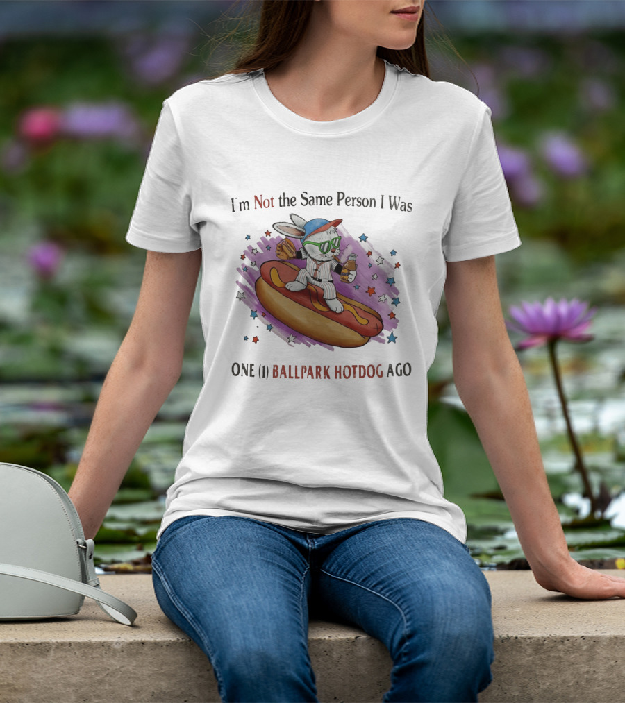 I'm Not The Same Person I Was One Ballpark Hotdog Ago Baseball Bunny With Sunglasses And Stars T-Shirt