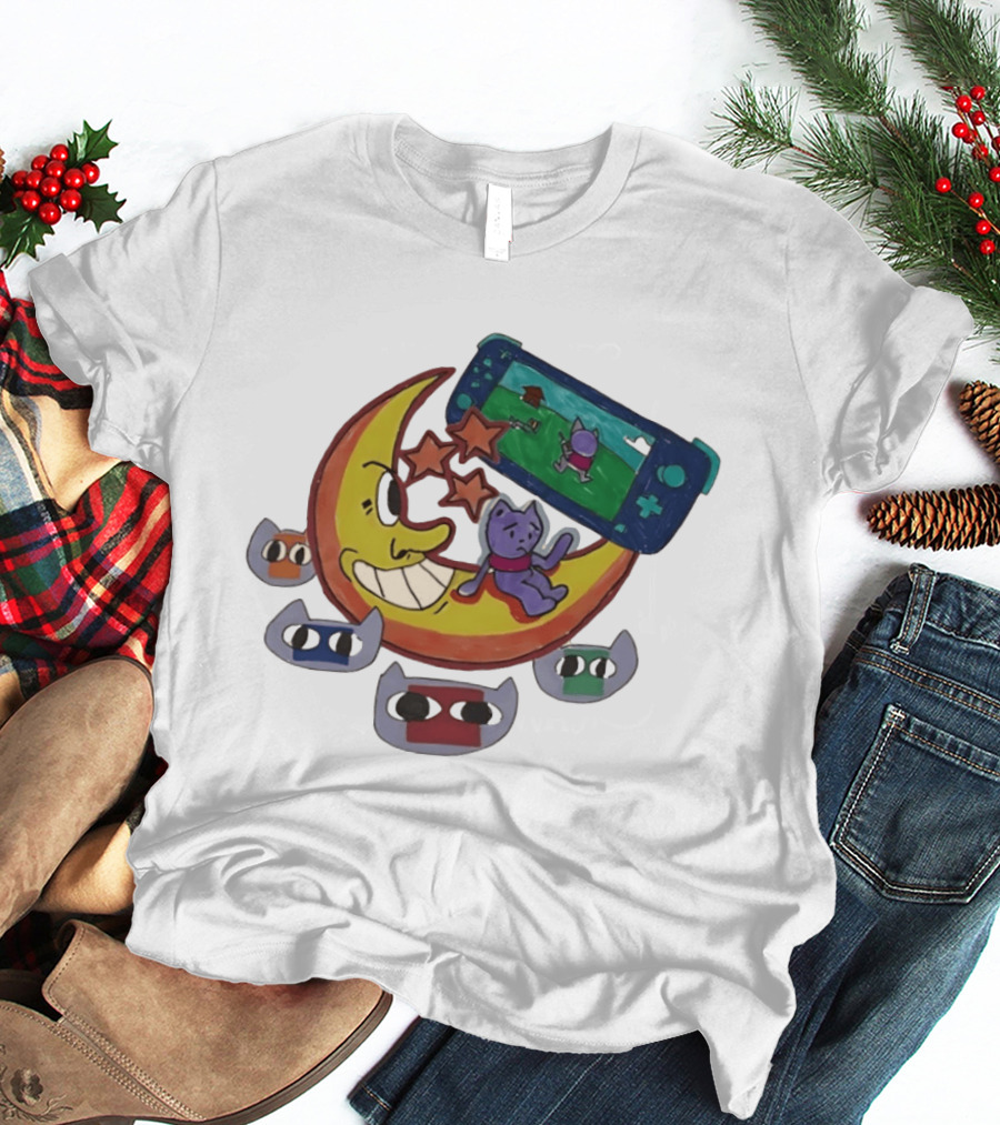 Cartoon Moon And Cat Playing Game With Stars And Colorful Masks T-Shirt