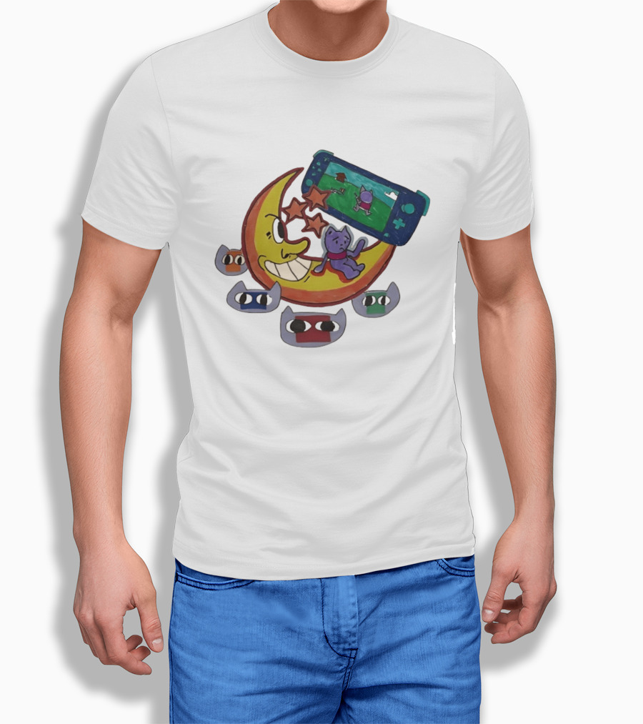 Cartoon Moon And Cat Playing Game With Stars And Colorful Masks T-Shirt