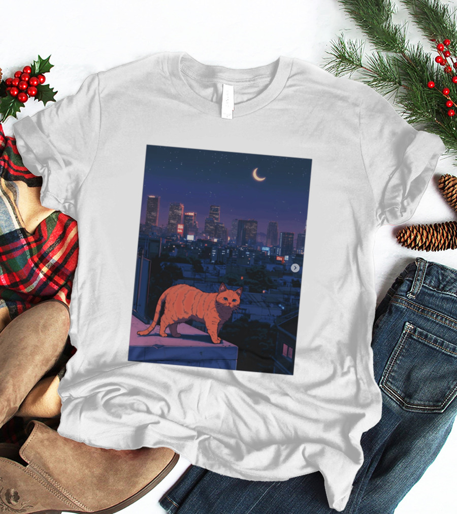 Orange Tabby Cat Under Night Sky Overlooking City Skyline With Crescent Moon T-Shirt