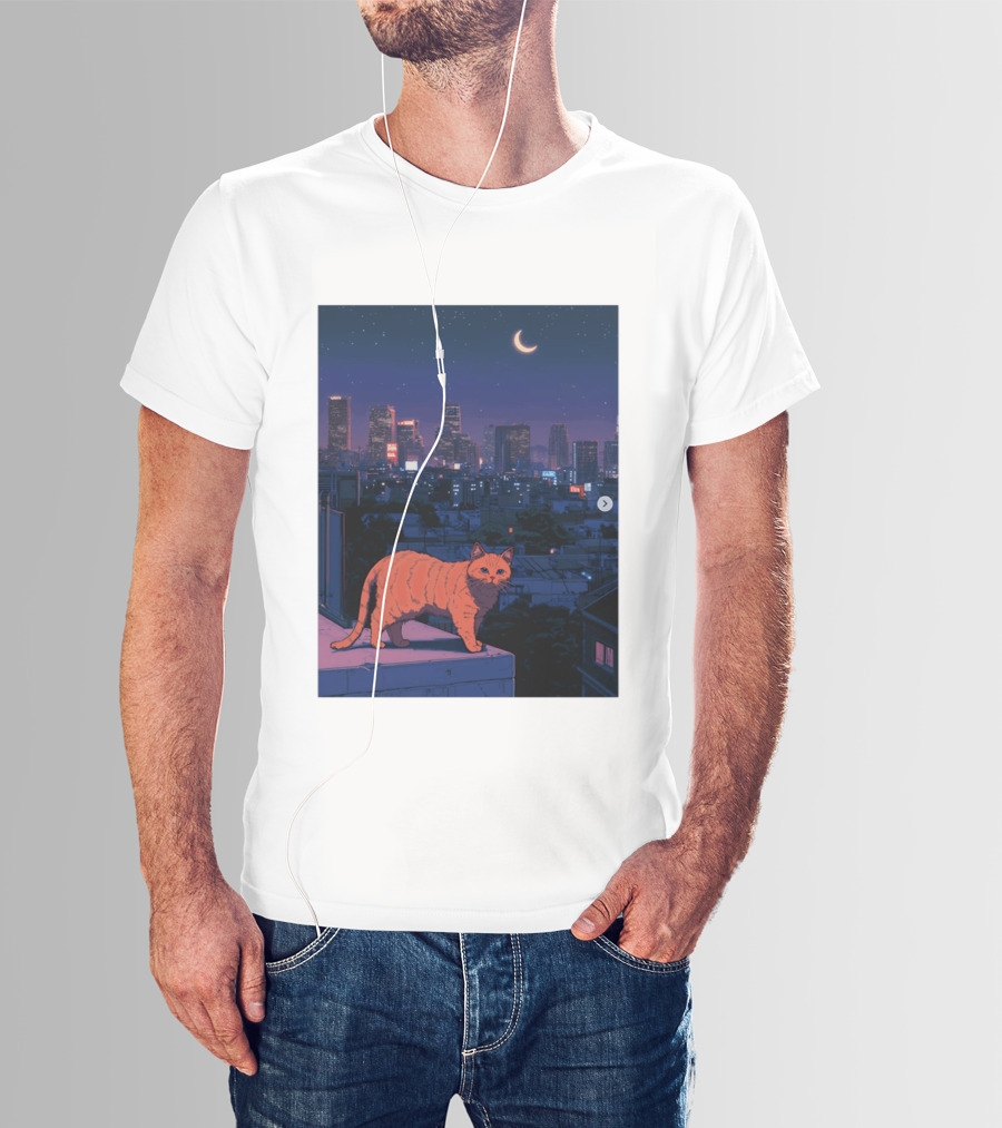 Orange Tabby Cat Under Night Sky Overlooking City Skyline With Crescent Moon T-Shirt