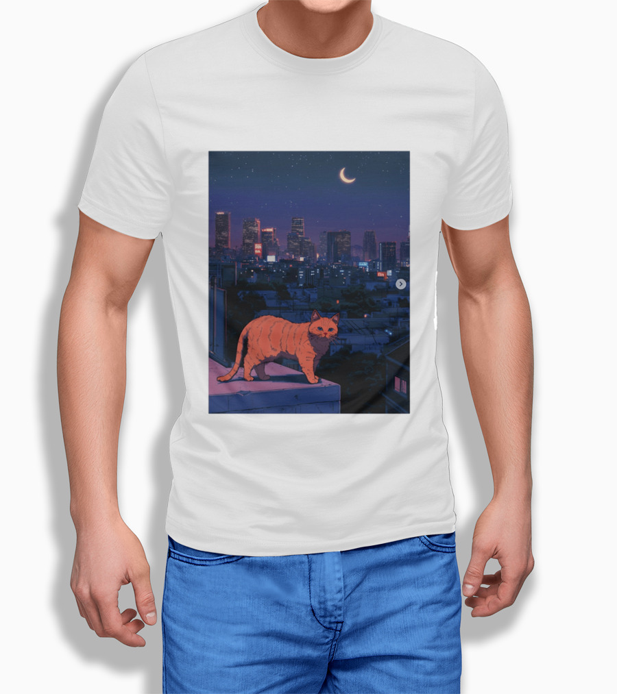 Orange Tabby Cat Under Night Sky Overlooking City Skyline With Crescent Moon T-Shirt