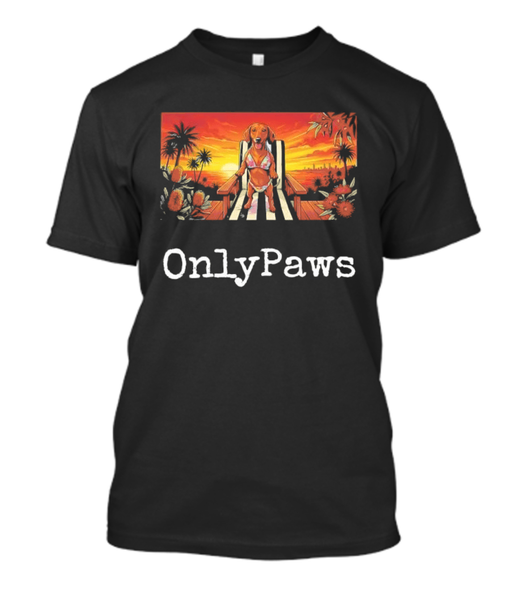 Beach Vibes Dachshund OnlyPaws Sunset Scene T-Shirt