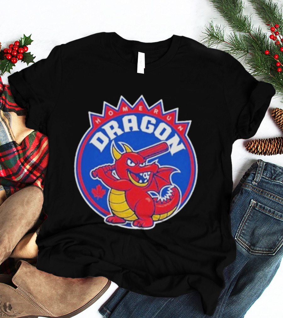 Home Run Dragon Baseball Batting Red Maple Leaf T-Shirt
