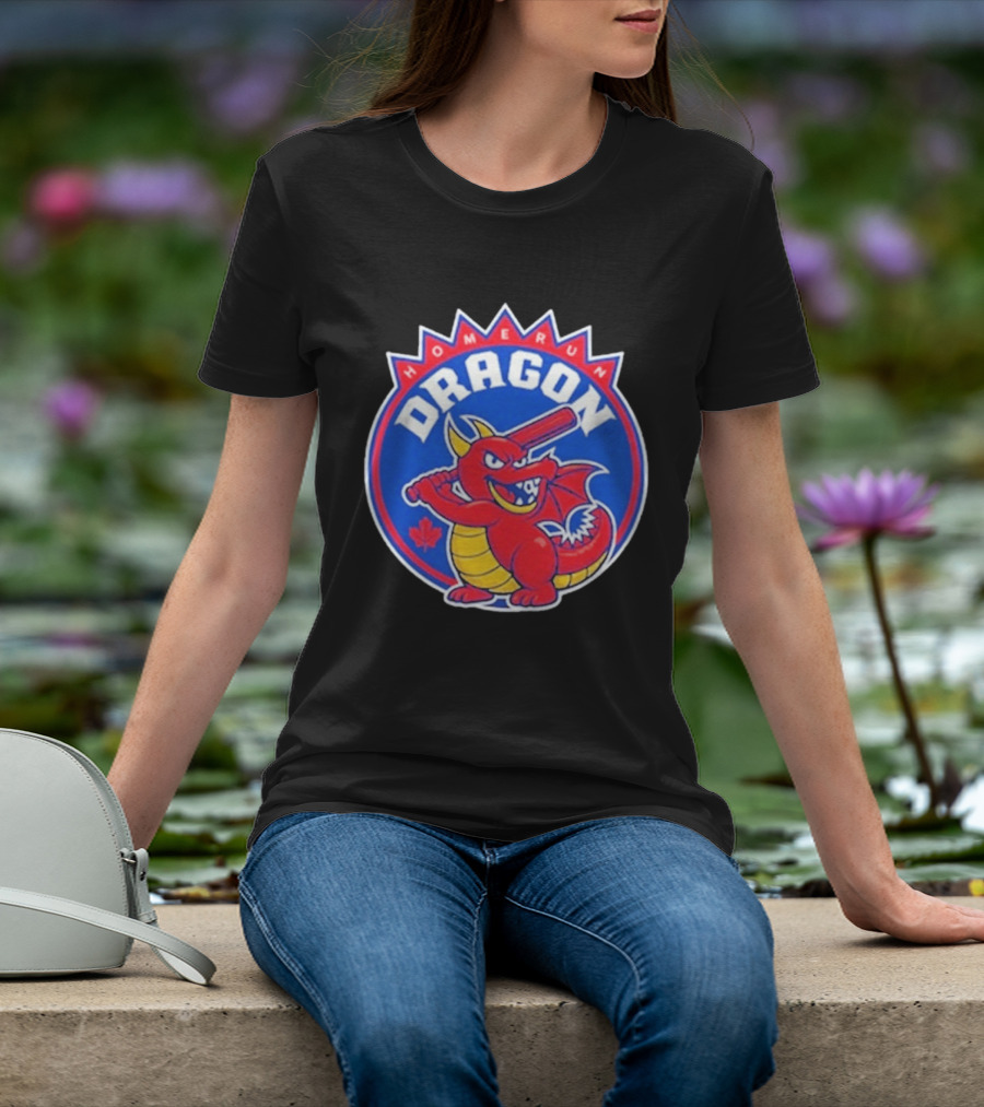 Home Run Dragon Baseball Batting Red Maple Leaf T-Shirt