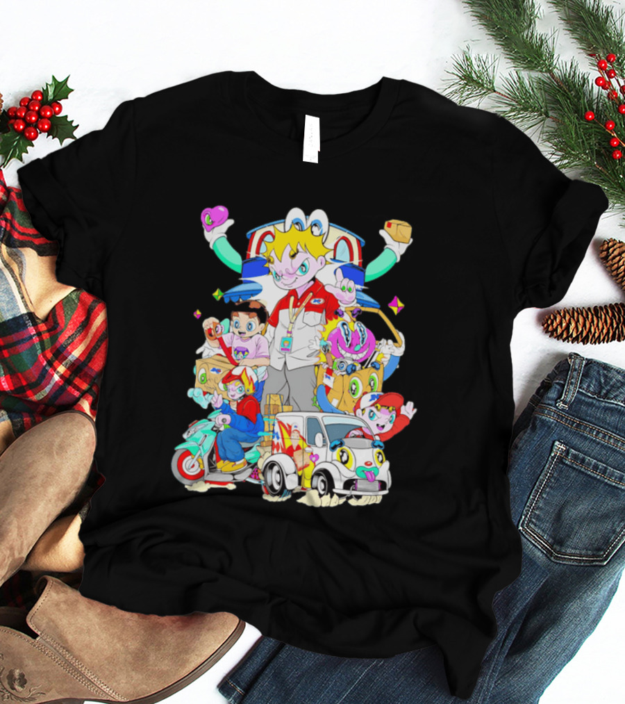 JNE Express Delivery Cartoon Characters And Van Fun Anime T-Shirt