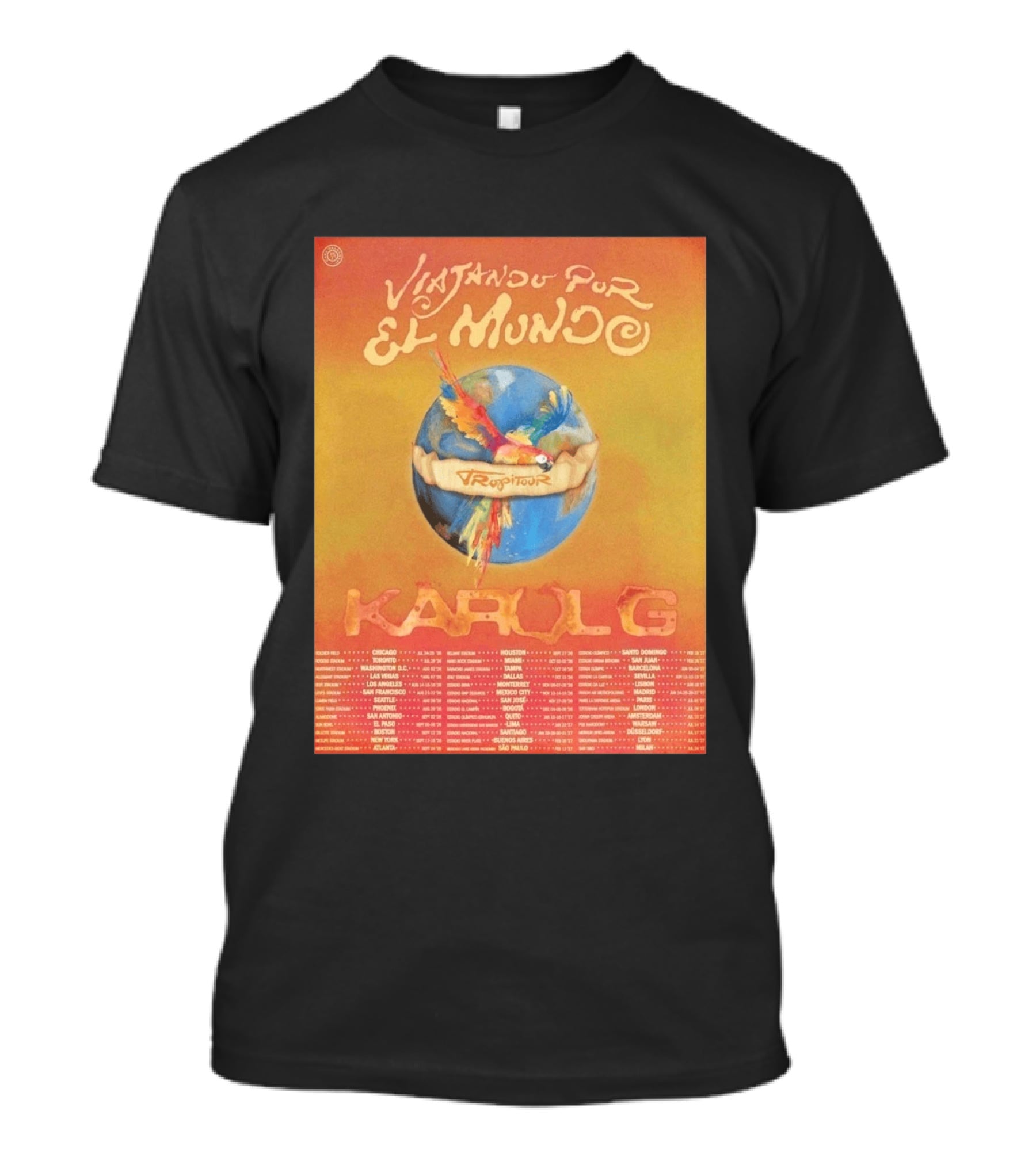 Karol G Viajando Por El Mundo Tropitour 2026 World Tour Dates Colorful Parrot T-Shirt