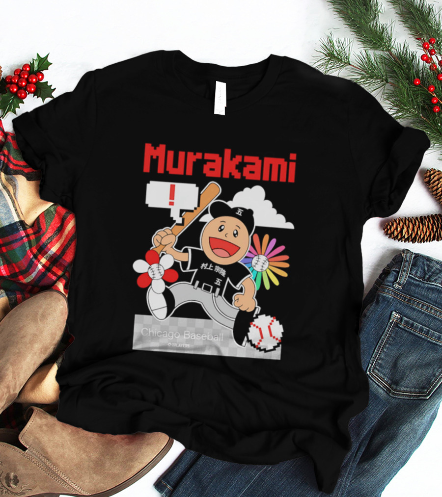 Murakami Chicago Baseball IPlayers Animated Character Flower Motif T-Shirt