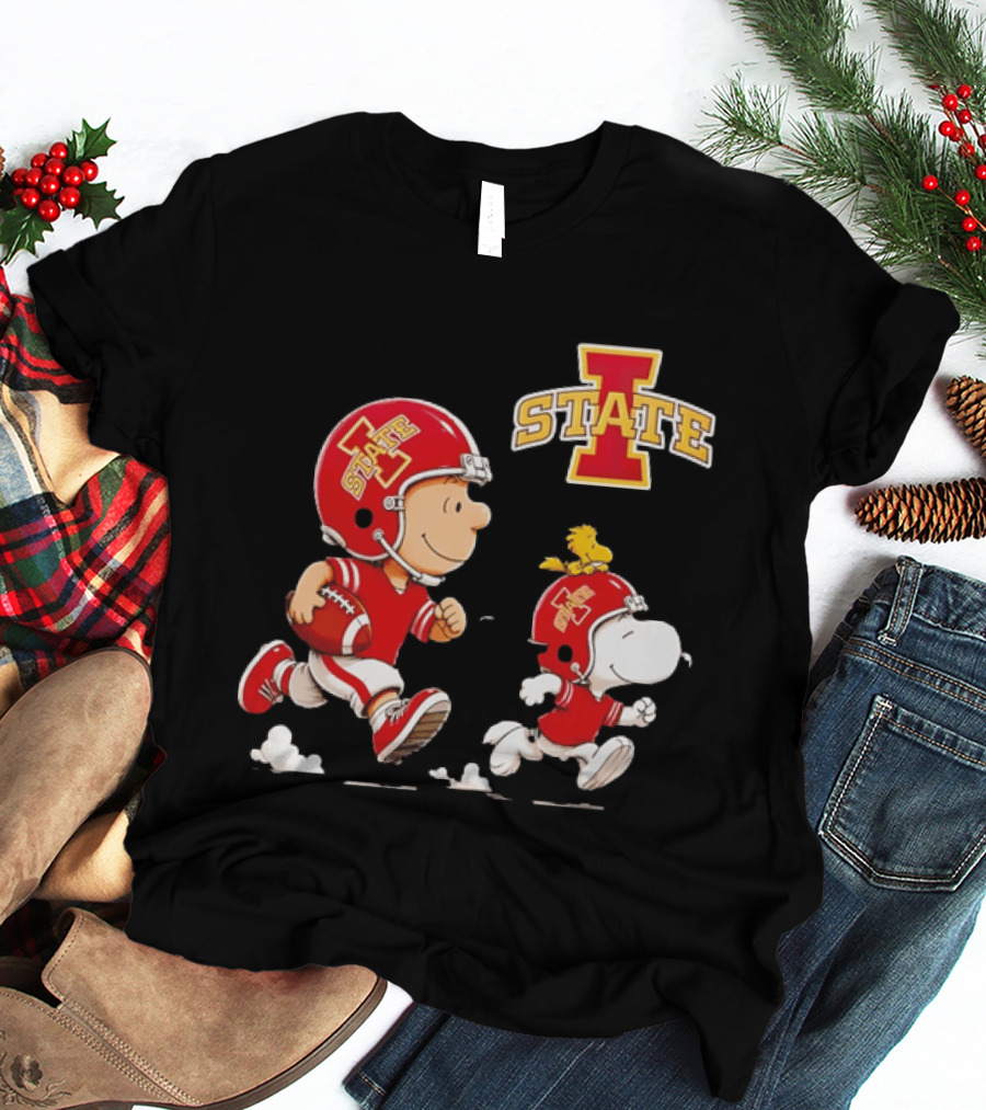 Peanuts Charlie Brown Snoopy Woodstock Running Football Iowa State T-Shirt