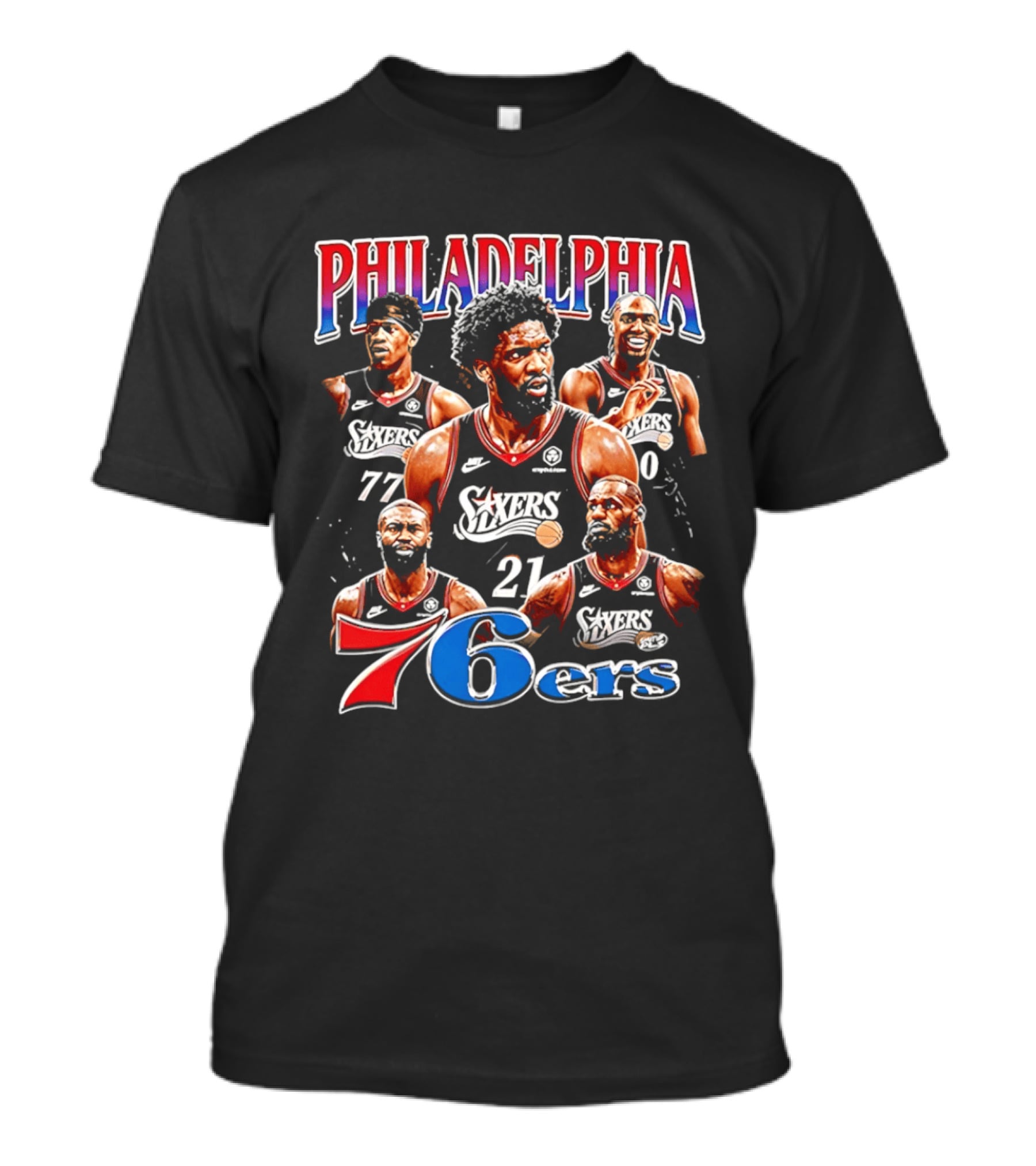 Philadelphia 76ers Embiid LeBron Collage 21 77 T-Shirt