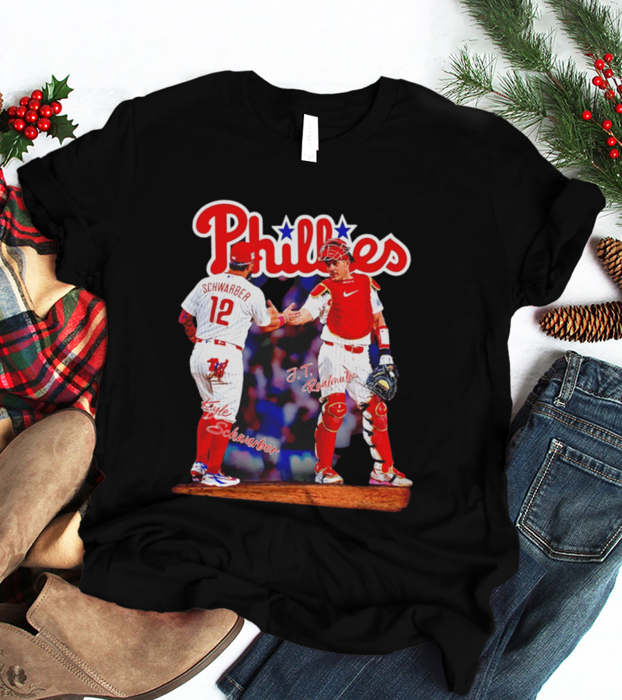 Philadelphia Phillies Kyle Schwarber J Realmuto 12 Catcher Handshake T-Shirt