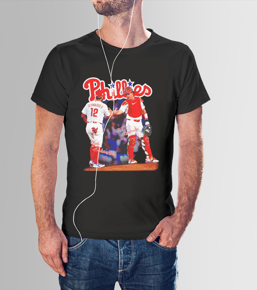 Philadelphia Phillies Kyle Schwarber J Realmuto 12 Catcher Handshake T-Shirt