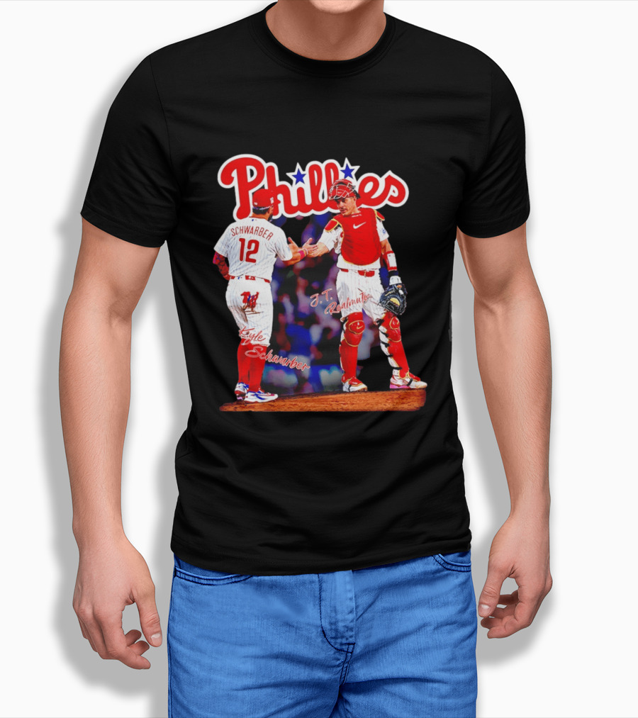 Philadelphia Phillies Kyle Schwarber J Realmuto 12 Catcher Handshake T-Shirt
