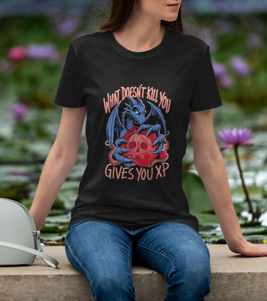 What Doesn't Kill You Gives You XP Blue Dragon Holding Red D20 Skull T-Shirt