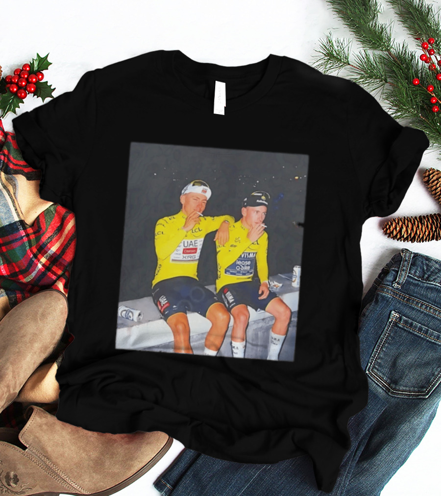 Tadej Pogačar Jonas Vingegaard Smoking LCL UAE Team Emirates Jumbo Visma Yellow Jersey T-Shirt