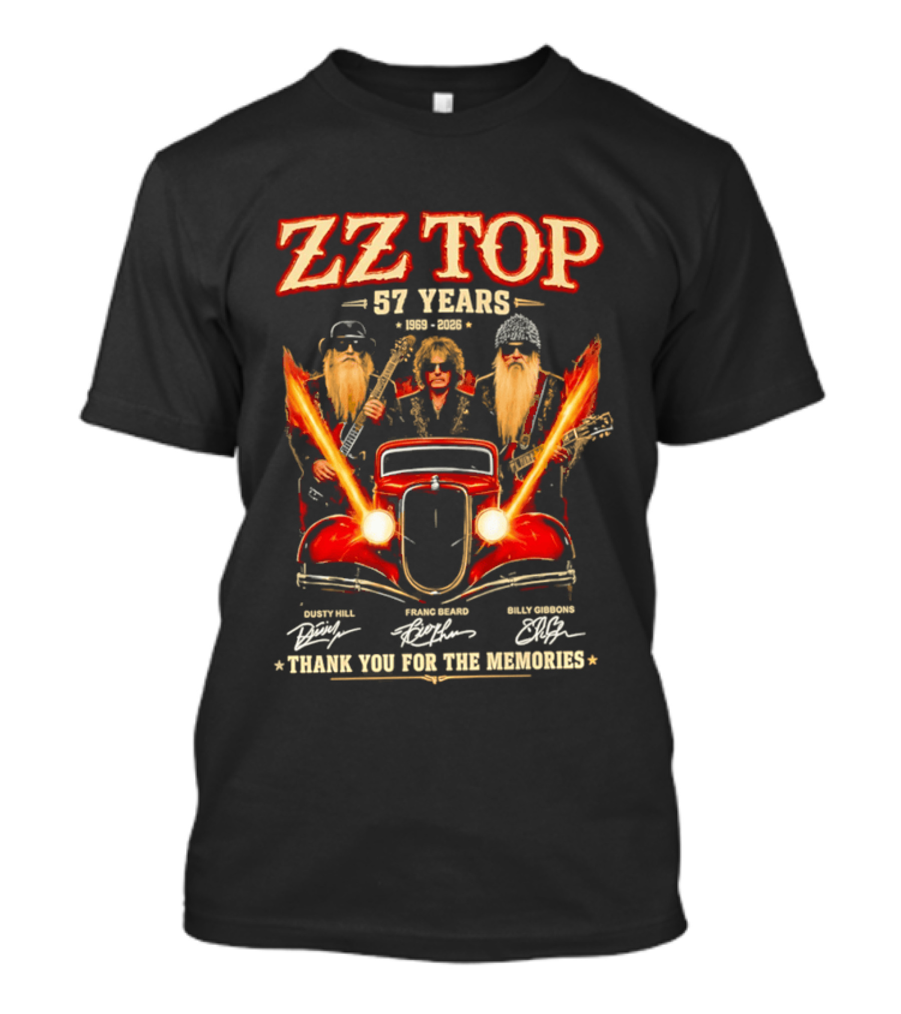 ZZ Top 57 Years 1969 2026 Dusty Hill Franc Beard Billy Gibbons Thank You For The Memories Classic Car And Guitars T-Shirt