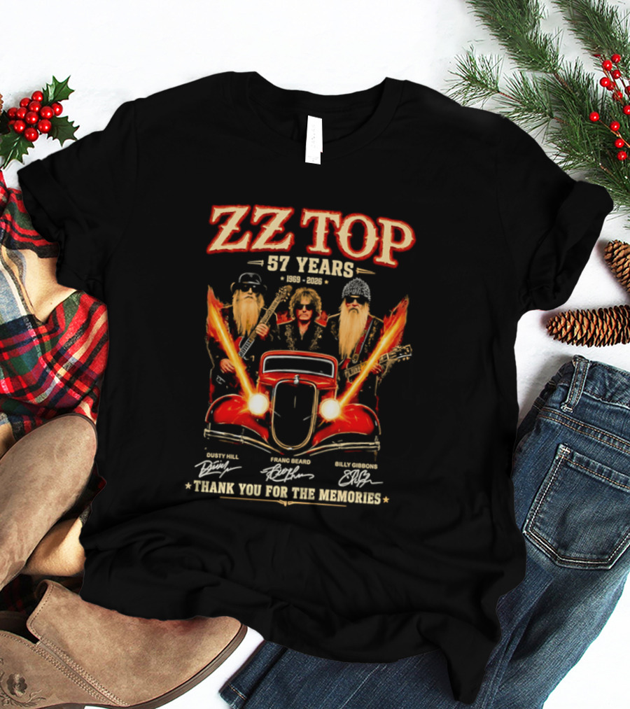 ZZ Top 57 Years 1969 2026 Dusty Hill Franc Beard Billy Gibbons Thank You For The Memories Classic Car And Guitars T-Shirt