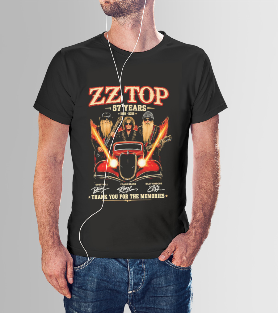 ZZ Top 57 Years 1969 2026 Dusty Hill Franc Beard Billy Gibbons Thank You For The Memories Classic Car And Guitars T-Shirt