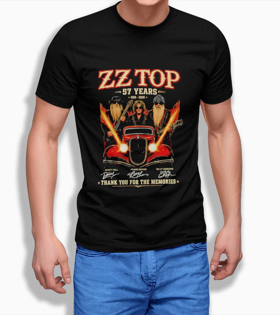 ZZ Top 57 Years 1969 2026 Dusty Hill Franc Beard Billy Gibbons Thank You For The Memories Classic Car And Guitars T-Shirt