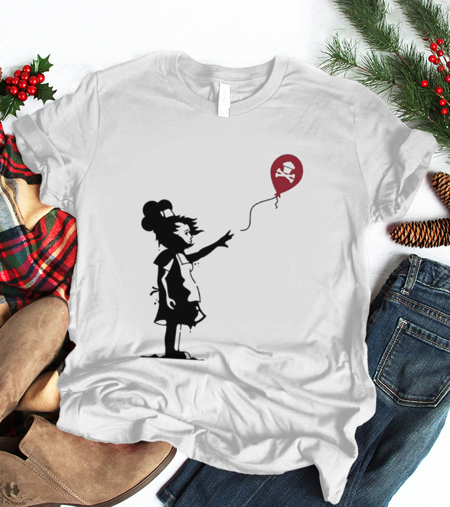 Baker Reaching For Cupcake And Crossbones Balloon Black Silhouette On Red T-Shirt