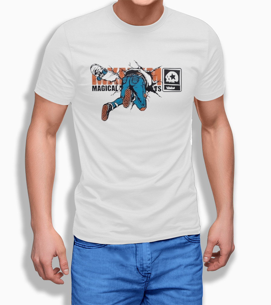 Magical Skateboarder Crashing Through Wall Skull Jeans Brick Wall T-Shirt