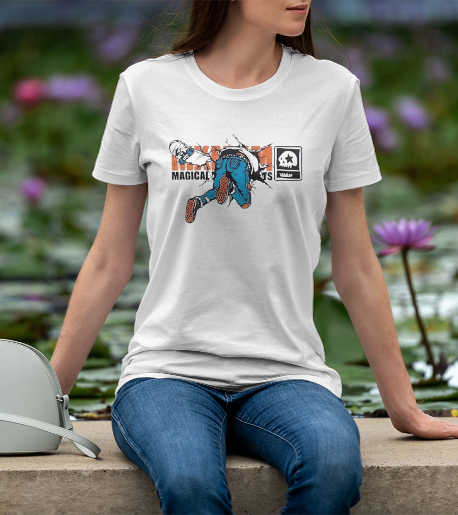 Magical Skateboarder Crashing Through Wall Skull Jeans Brick Wall T-Shirt