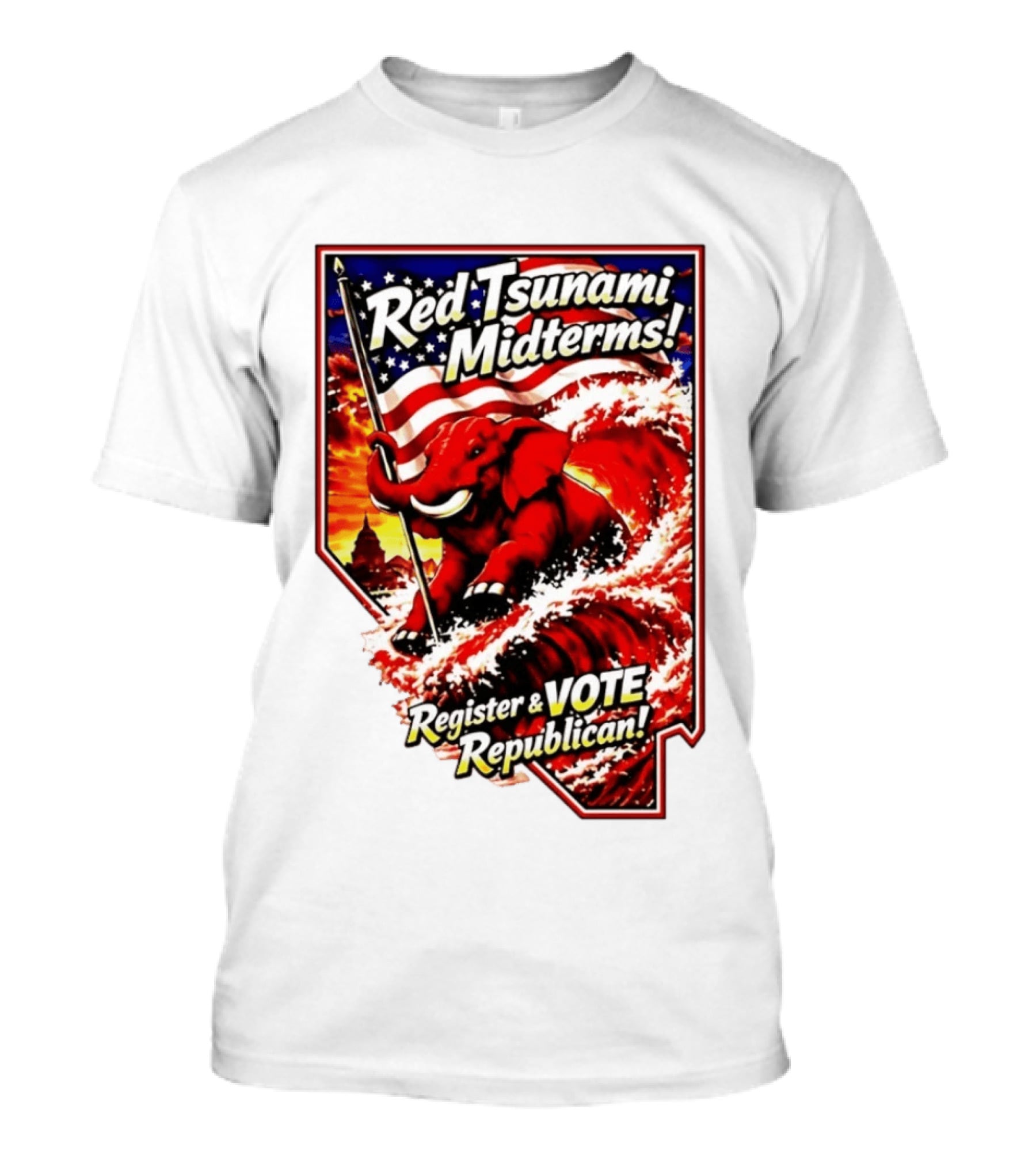 Red Tsunami Midterms Register And Vote Republican Political Elephant With American Flag T-Shirt