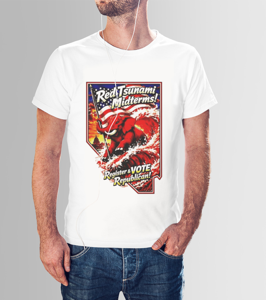 Red Tsunami Midterms Register And Vote Republican Political Elephant With American Flag T-Shirt