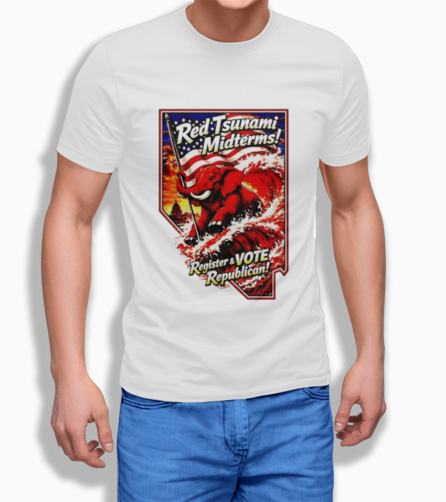 Red Tsunami Midterms Register And Vote Republican Political Elephant With American Flag T-Shirt