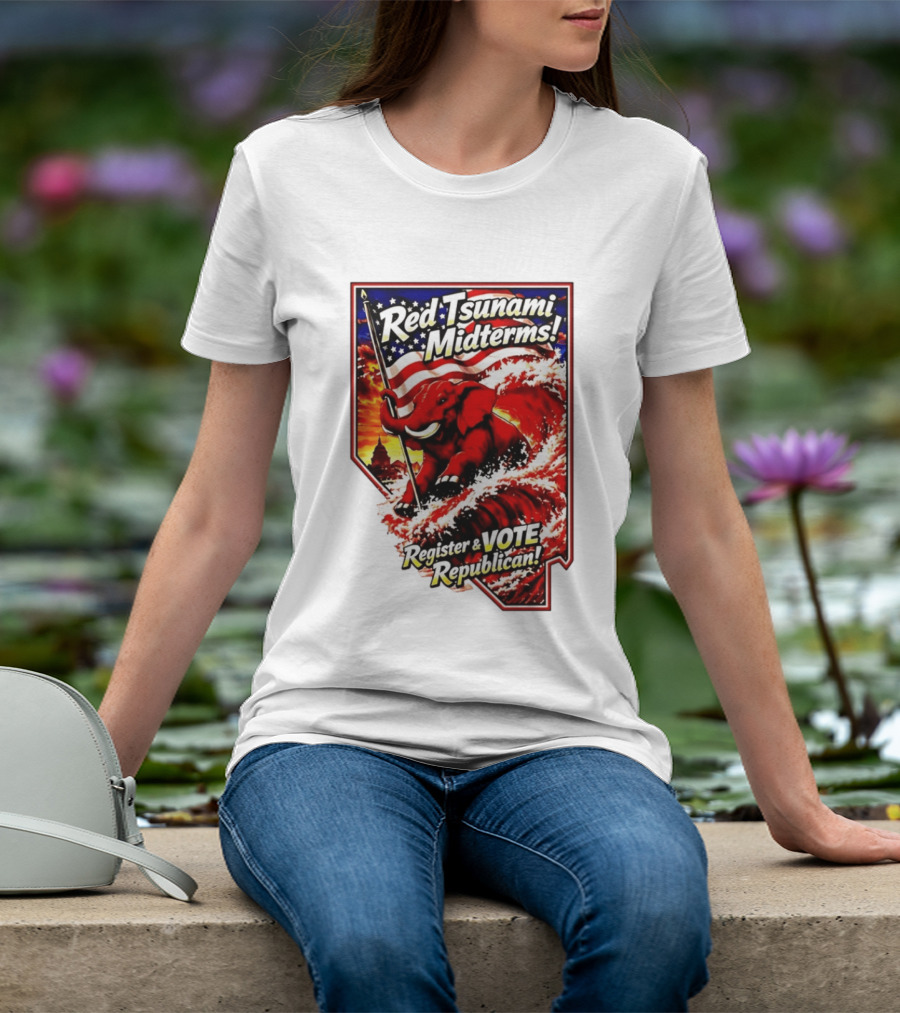 Red Tsunami Midterms Register And Vote Republican Political Elephant With American Flag T-Shirt