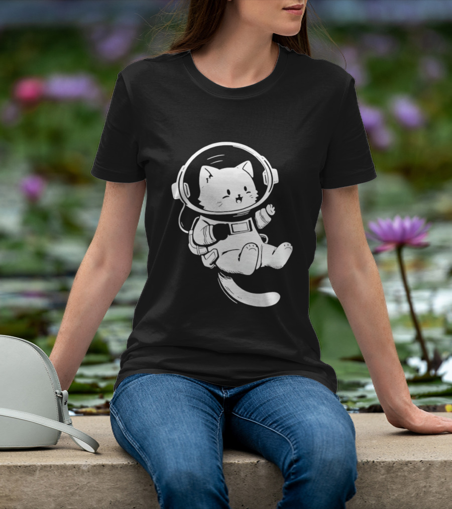 Astronaut Cat Floating In Space Suit Cosmic Adventure T-Shirt