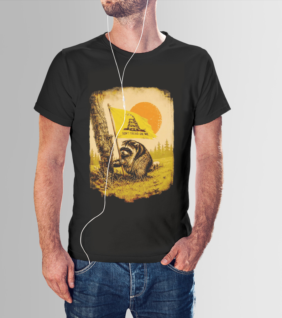 Don't Tread On Me Raccoon Holding Gadsden Flag Rustic Sun T-Shirt