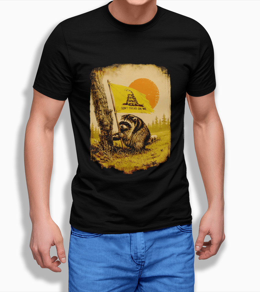 Don't Tread On Me Raccoon Holding Gadsden Flag Rustic Sun T-Shirt