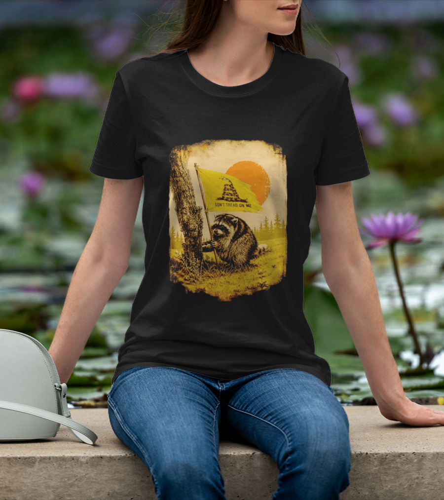 Don't Tread On Me Raccoon Holding Gadsden Flag Rustic Sun T-Shirt