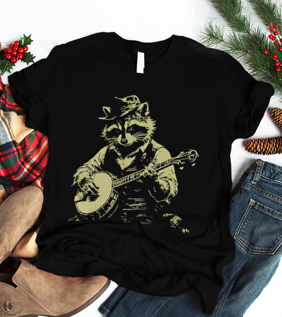 Raccoon Strumming Banjo Wearing Hat And Vest T-Shirt