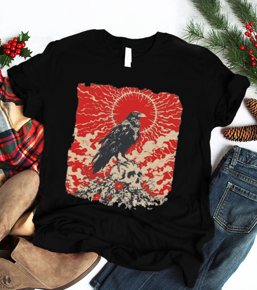 The Crow And The Skull Vintage Gothic Illustration Red Sunburst Mystical T-Shirt