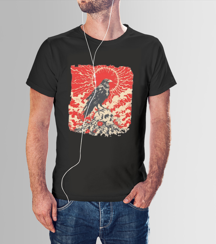 The Crow And The Skull Vintage Gothic Illustration Red Sunburst Mystical T-Shirt