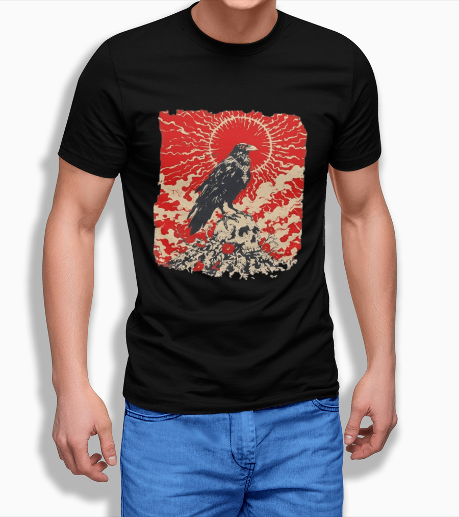 The Crow And The Skull Vintage Gothic Illustration Red Sunburst Mystical T-Shirt