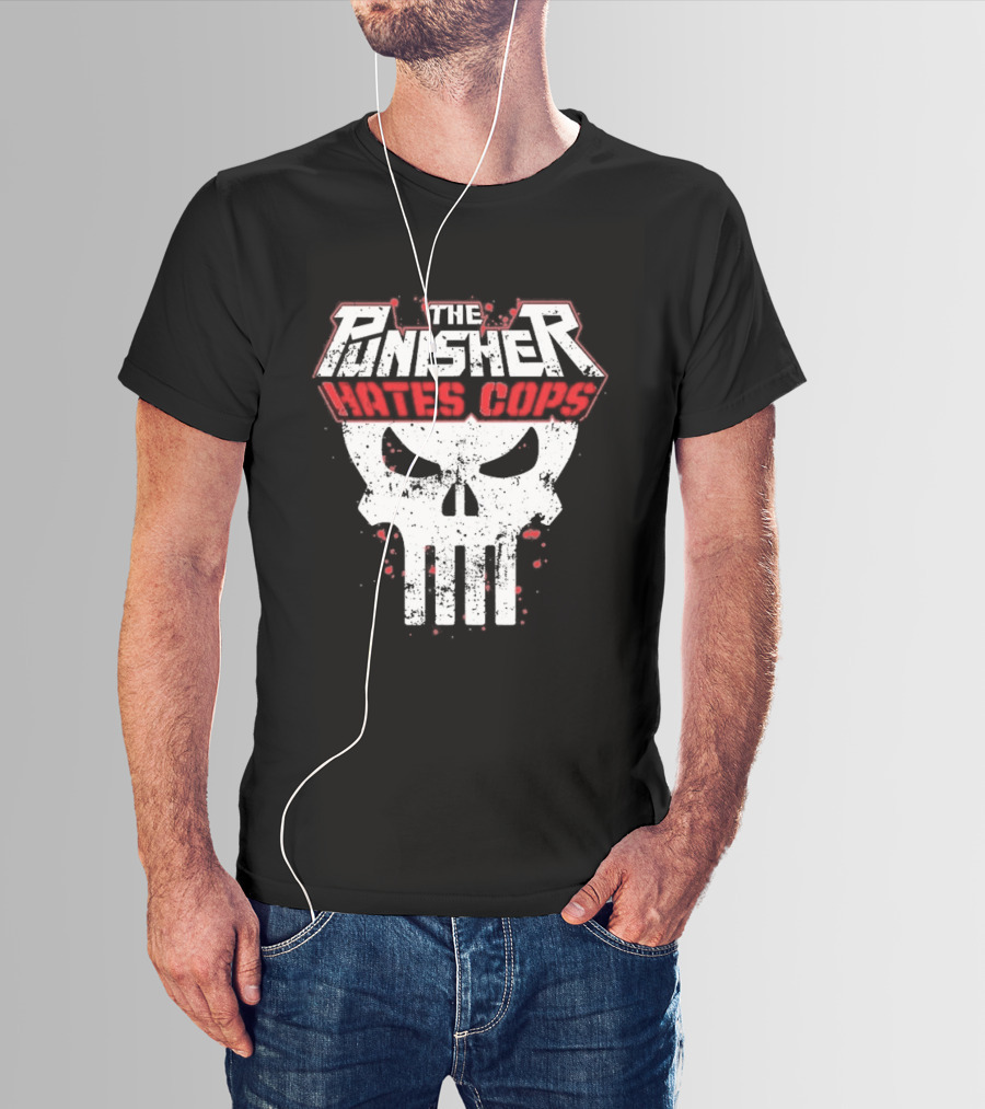 The Punisher Hates Cops Skull Symbol Red White T-Shirt