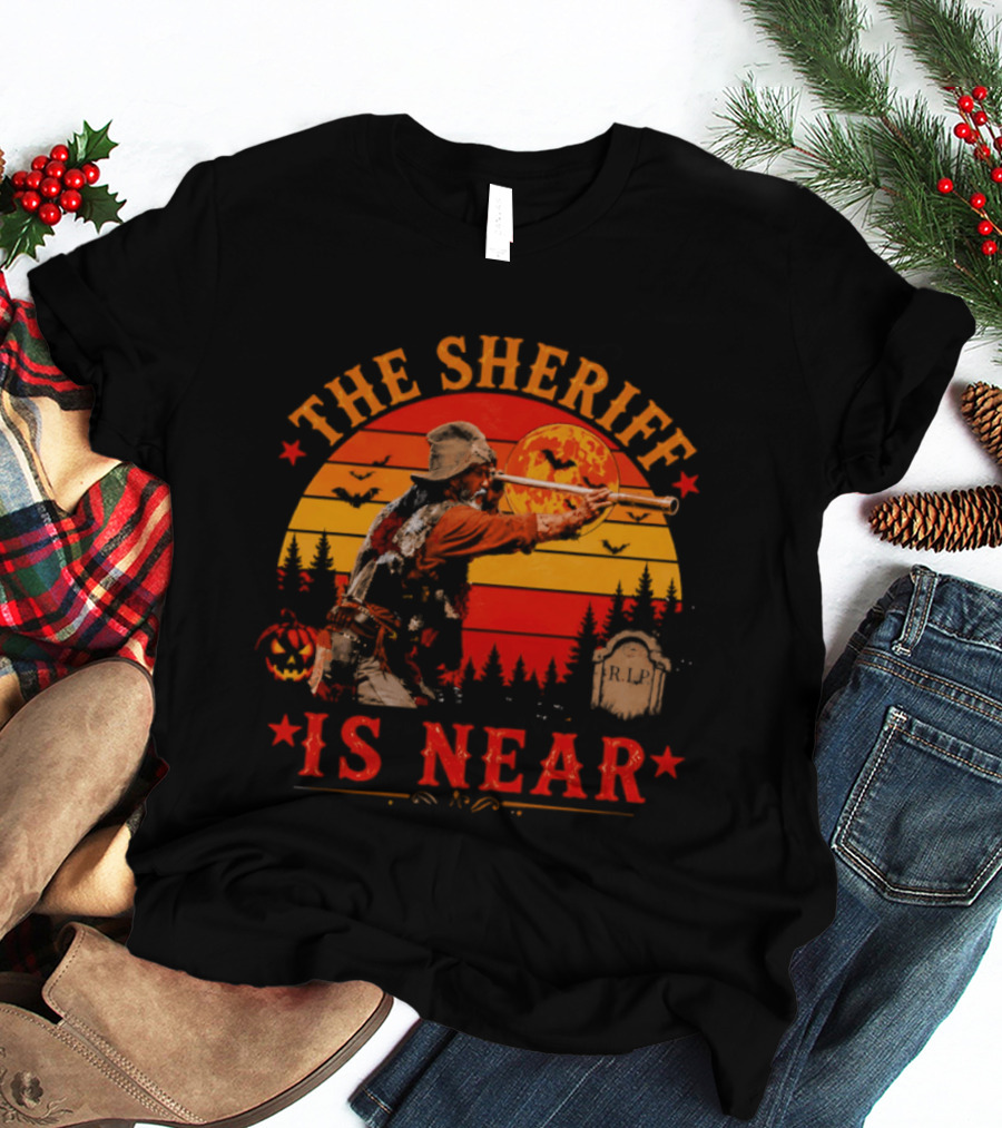The Sheriff Is Near Halloween Cowboy Full Moon Tombstone Pumpkin Bats T-Shirt