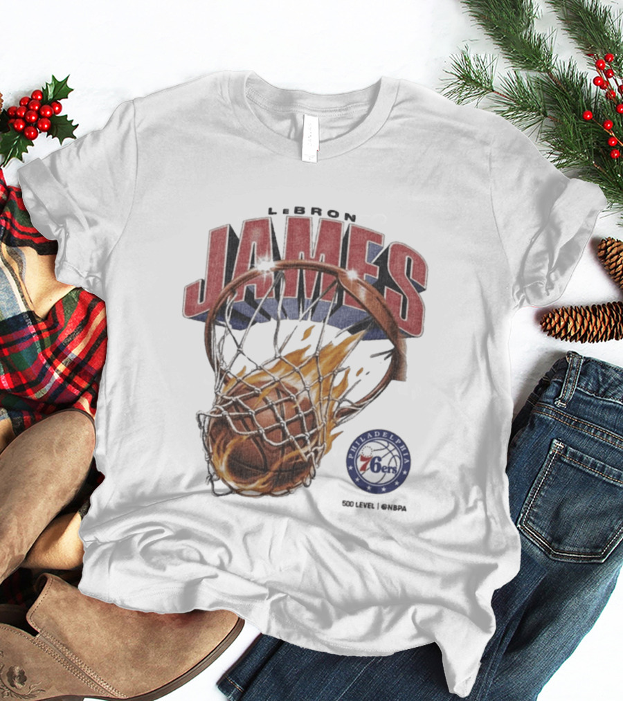 LeBron James Philadelphia 76ers Basketball Hoop Fire NBA 90s T-Shirt