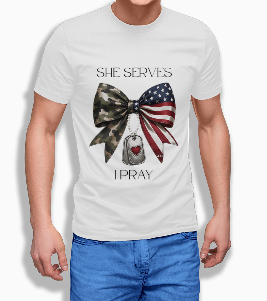 She Serves I Pray USA Flag Camo Bow Dog Tags T-Shirt