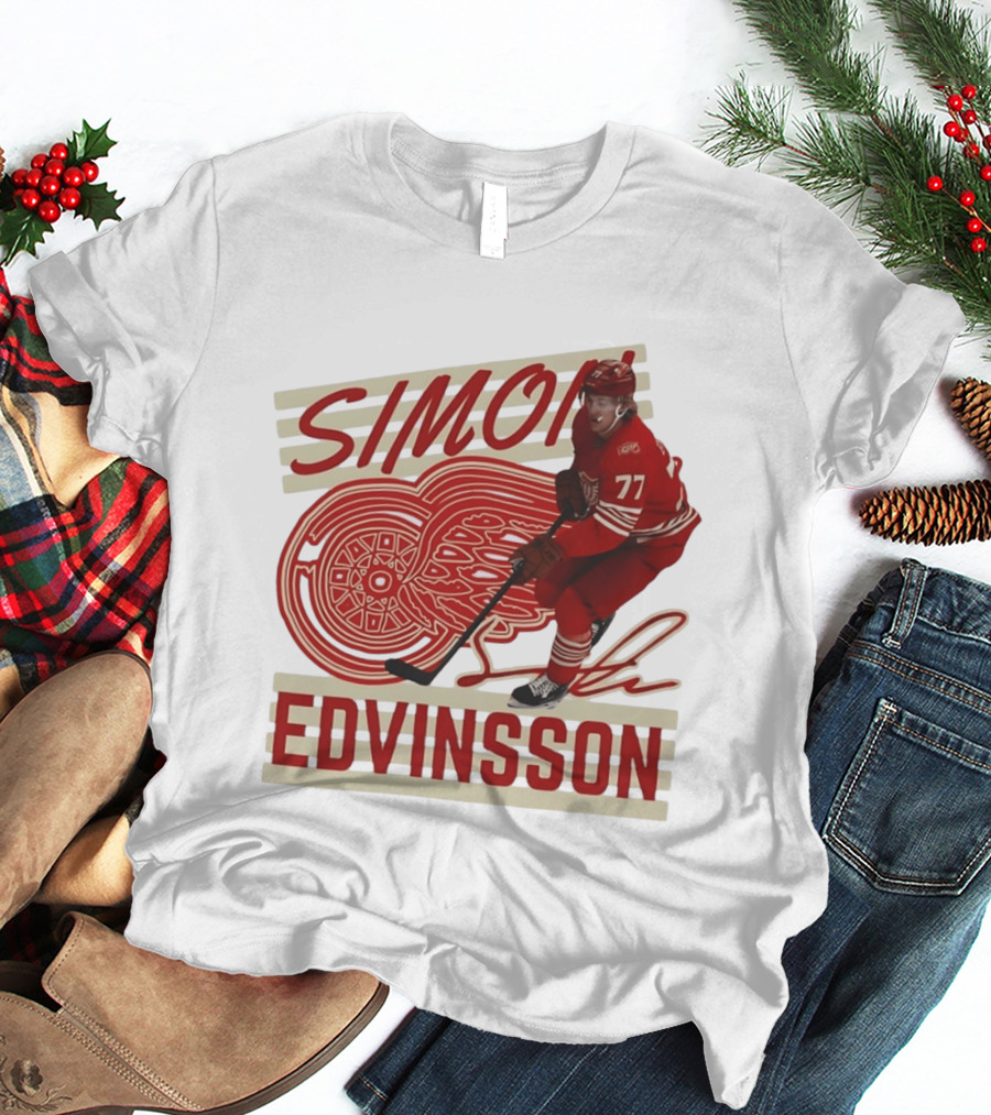 Simon Edvinsson 77 Detroit Red Wings Signature Hockey T-Shirt