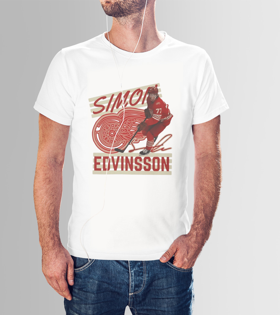 Simon Edvinsson 77 Detroit Red Wings Signature Hockey T-Shirt