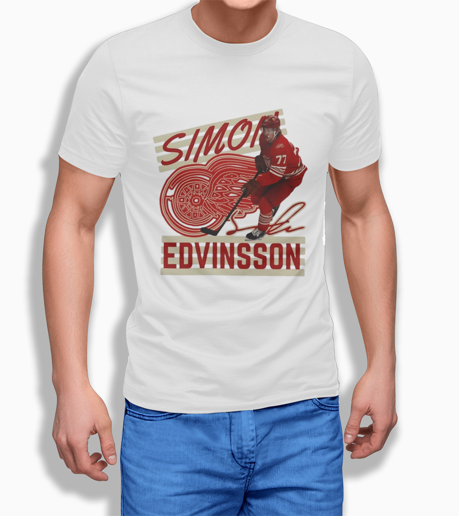 Simon Edvinsson 77 Detroit Red Wings Signature Hockey T-Shirt