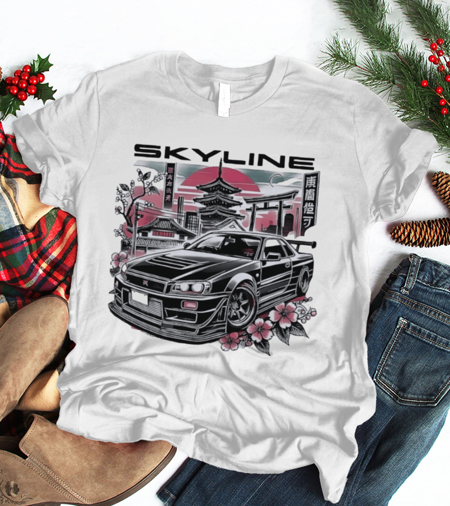 Skyline Japanese Cherry Blossom Car Pagoda Sun Blossoms T-Shirt